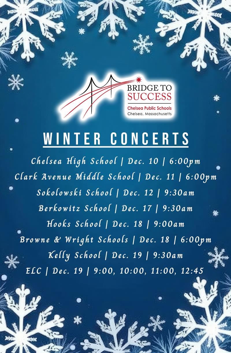 Flyer with information about winter concerts at schools in Chelsea in December 2024